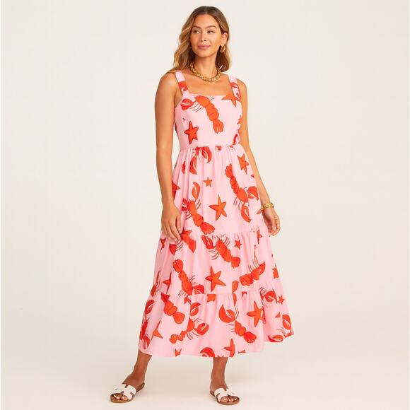 J. CREW Squareneck Midi Dress Lobster Starfish Print Pink Red Sz 6 {3R17} - Picture 1 of 9